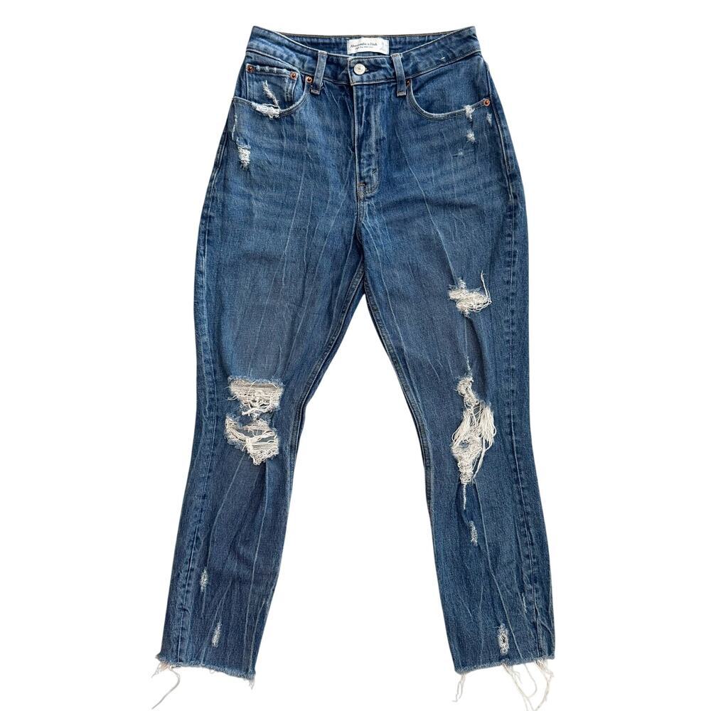 Abercrombie & Fitch A & F High Rise Mom Jeans Sz 26 2 Blue Distressed Curve Love